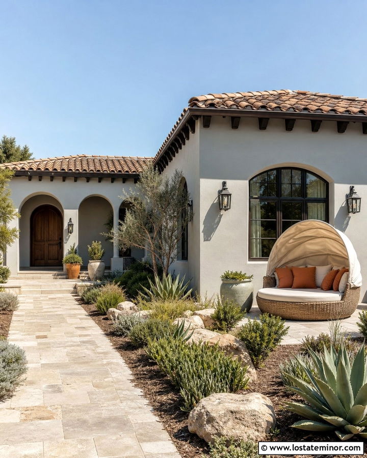 Light Gray Mediterranean House With Round Daybed - 30 Light Grey House Design With Daybed Ideas