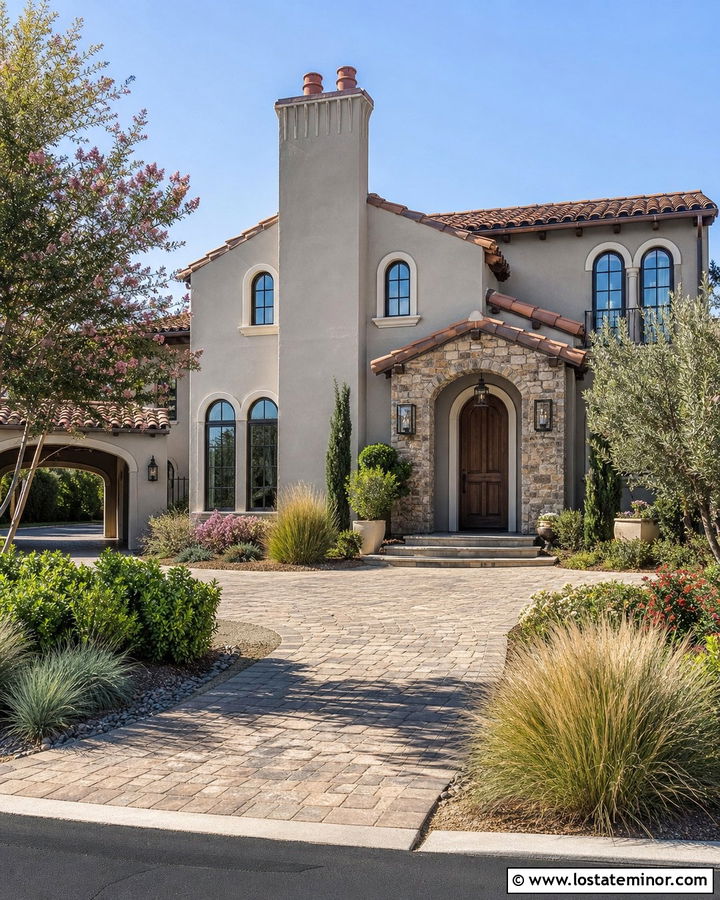 Light Gray Mediterranean House With Stucco Chimney - 30 Light Grey House Design With Chimney Ideas