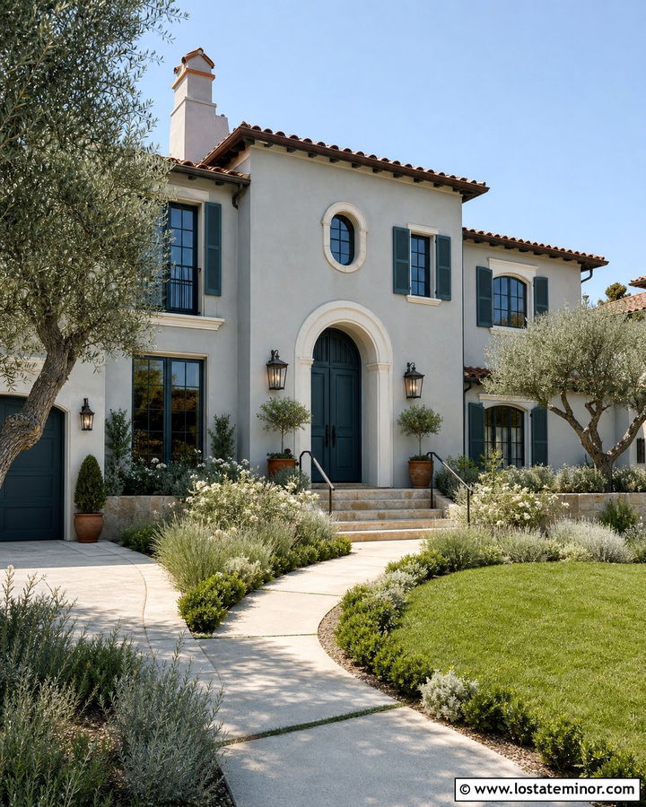 Light Gray Mediterranean House With Teal Shutters - 30 Light Grey House Design With Shutters Ideas