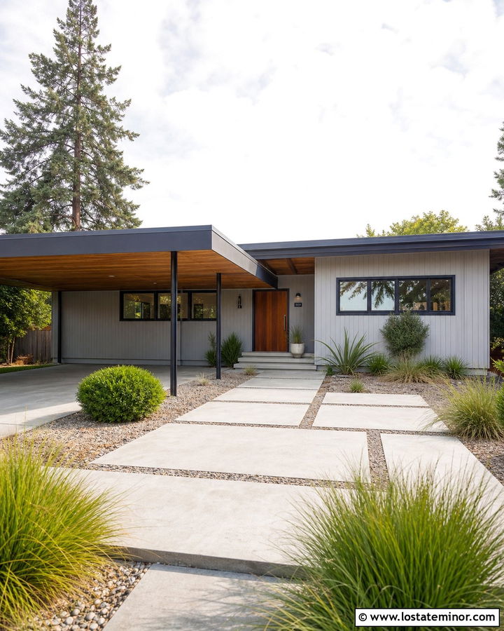 Light Gray Midcentury House With Flat Roof Carport - 30 Light Grey House Design With Carport Ideas