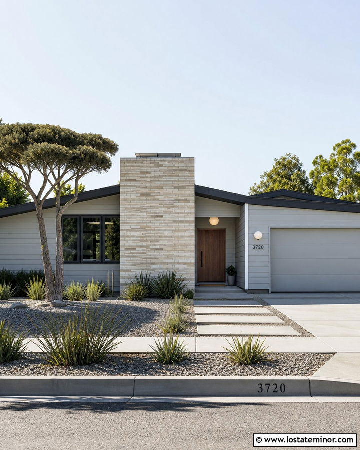 Light Gray Midcentury House With Pale Brick Chimney - 30 Light Grey House Design With Chimney Ideas