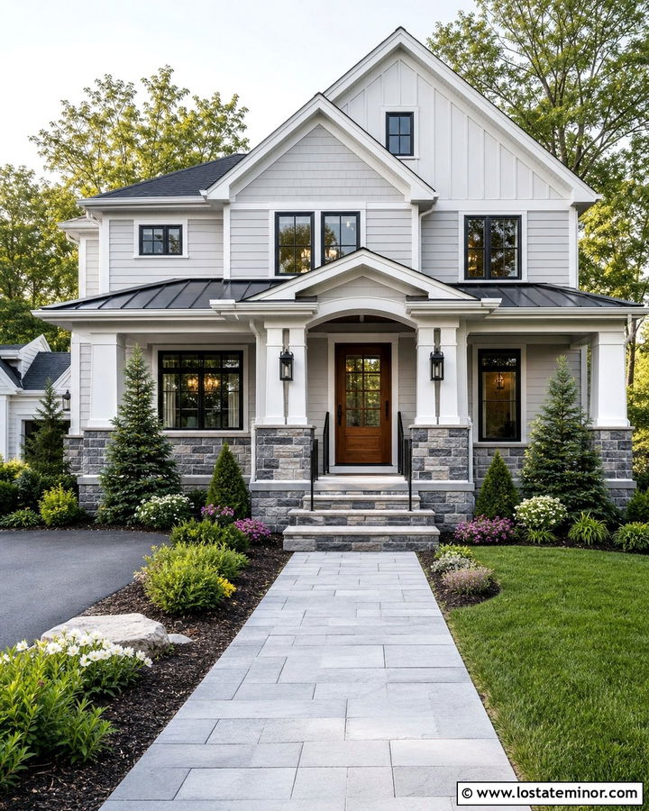 Light Gray Mixed Siding House With Stone Porch Steps - 30 Light Grey House Design With Steps Ideas