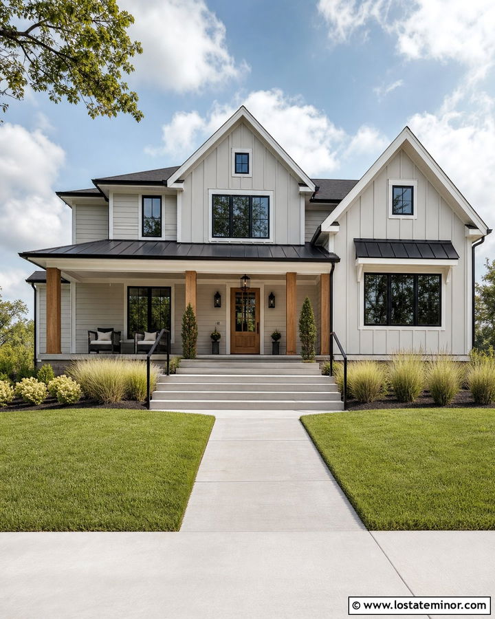 Light Gray Modern Farmhouse With Black Trim And Concrete Steps - 30 Light Grey House Design With Steps Ideas
