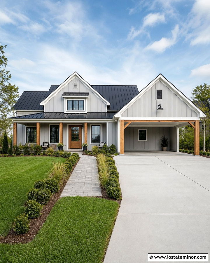 Light Gray Modern Farmhouse With Gable Carport - 30 Light Grey House Design With Carport Ideas