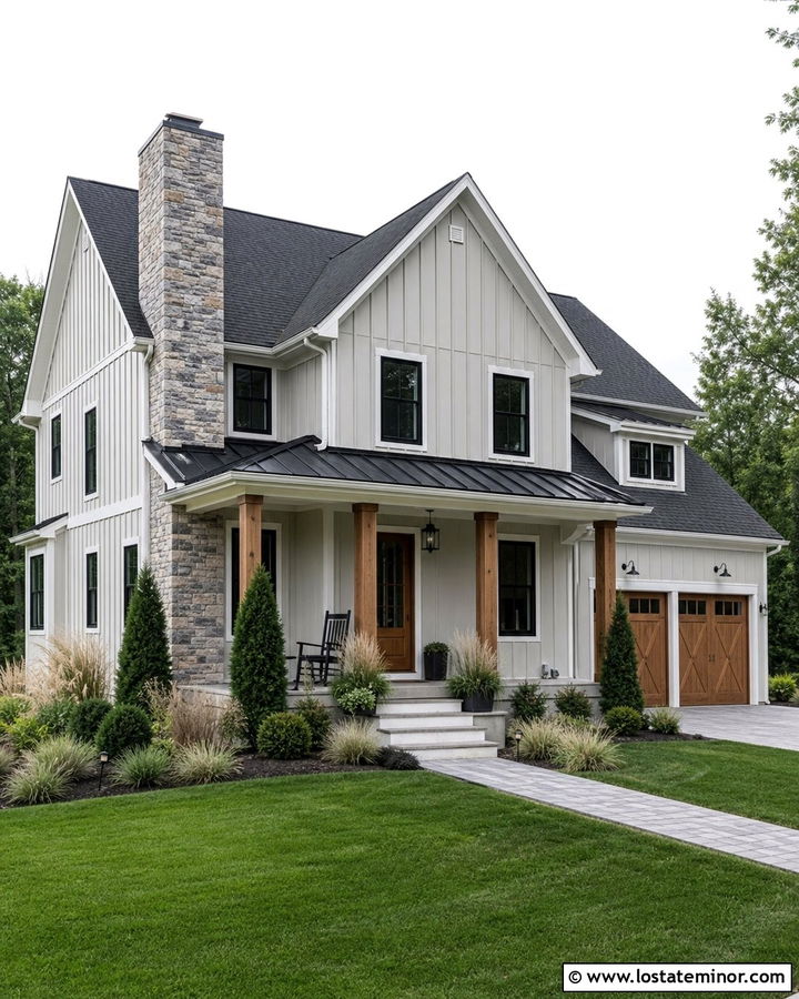 Light Gray Modern Farmhouse With Stone Chimney - 30 Light Grey House Design With Chimney Ideas