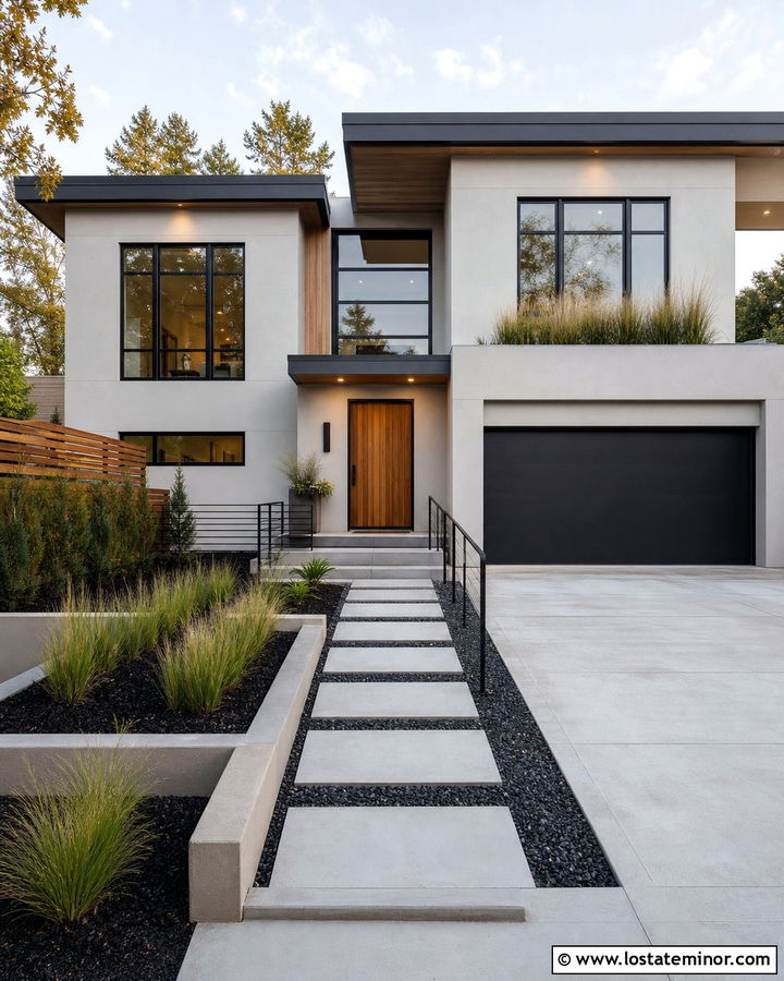 Light Gray Modern House With Floating Concrete Steps - 30 Light Grey House Design With Steps Ideas