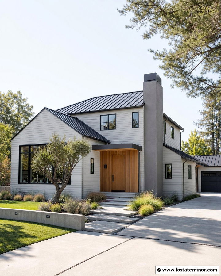 Light Gray Modern House With Stucco Chimney - 30 Light Grey House Design With Chimney Ideas