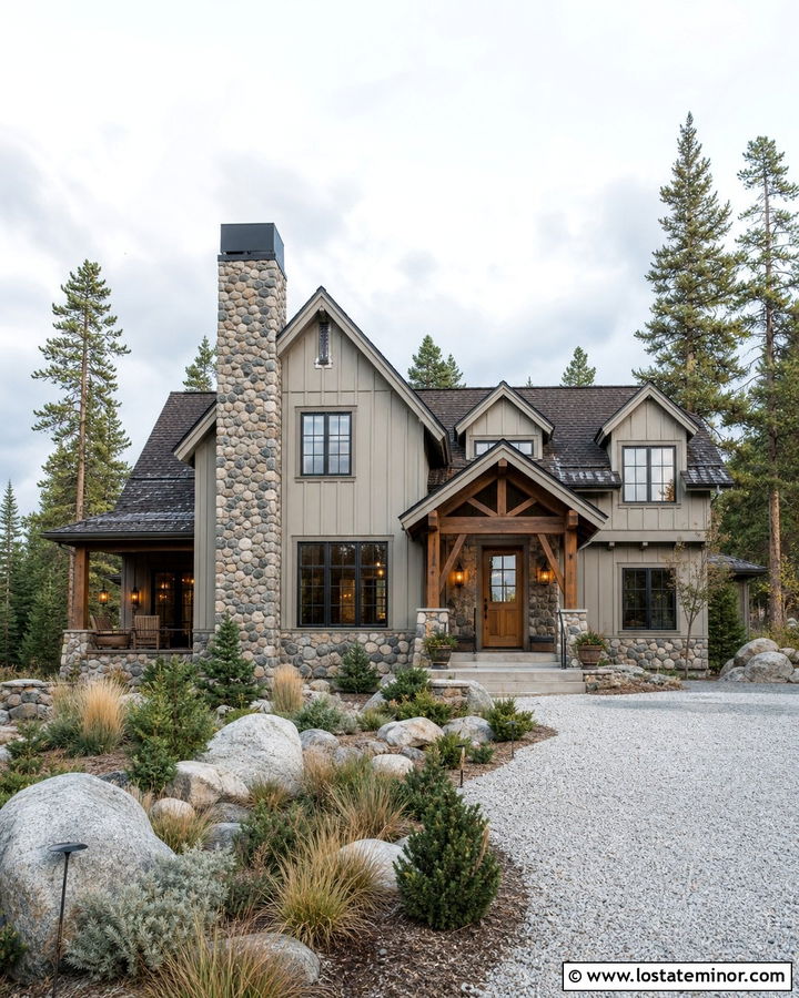 Light Gray Mountain House With River Rock Chimney - 30 Light Grey House Design With Chimney Ideas