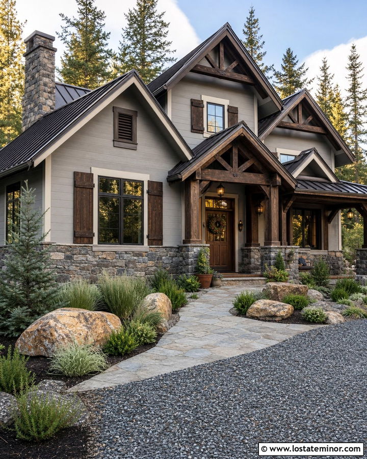 Light Gray Mountain House With Wood Shutters - 30 Light Grey House Design With Shutters Ideas