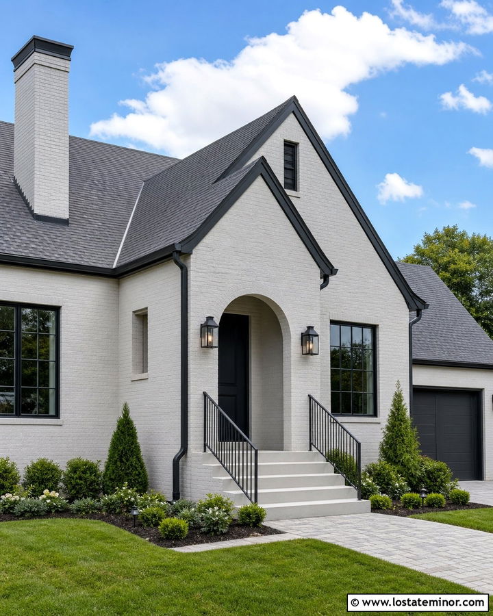 Light Gray Painted Brick House With Dark Railings - 30 Light Grey House Design With Steps Ideas