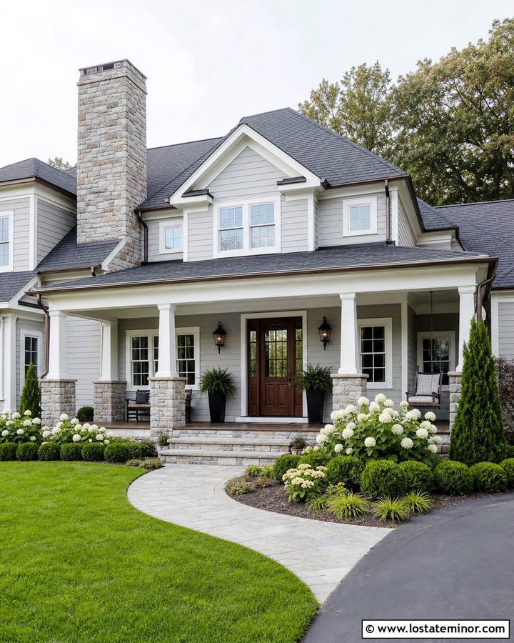 Light Gray Porch House With Ashlar Stone Chimney - 30 Light Grey House Design With Chimney Ideas