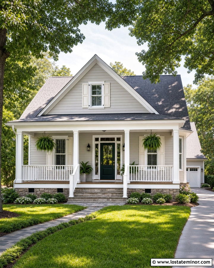 Light Gray Porch House With White Shutters - 30 Light Grey House Design With Shutters Ideas