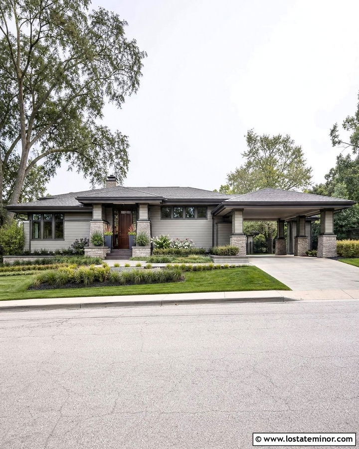 Light Gray Prairie House With Carport - 30 Light Grey House Design With Carport Ideas