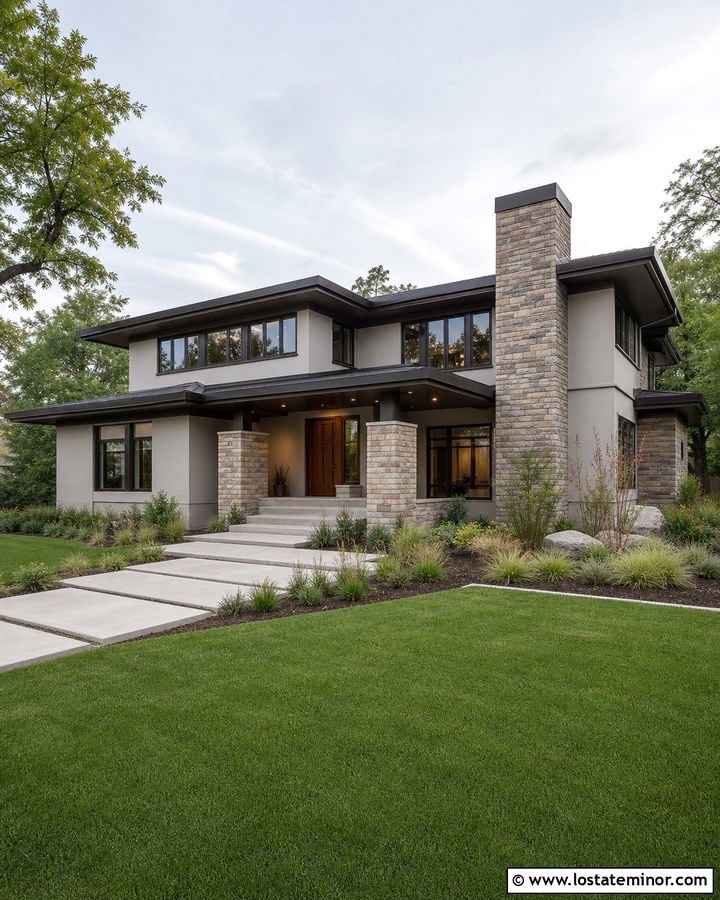 Light Gray Prairie House With Ledgestone Chimney - 30 Light Grey House Design With Chimney Ideas
