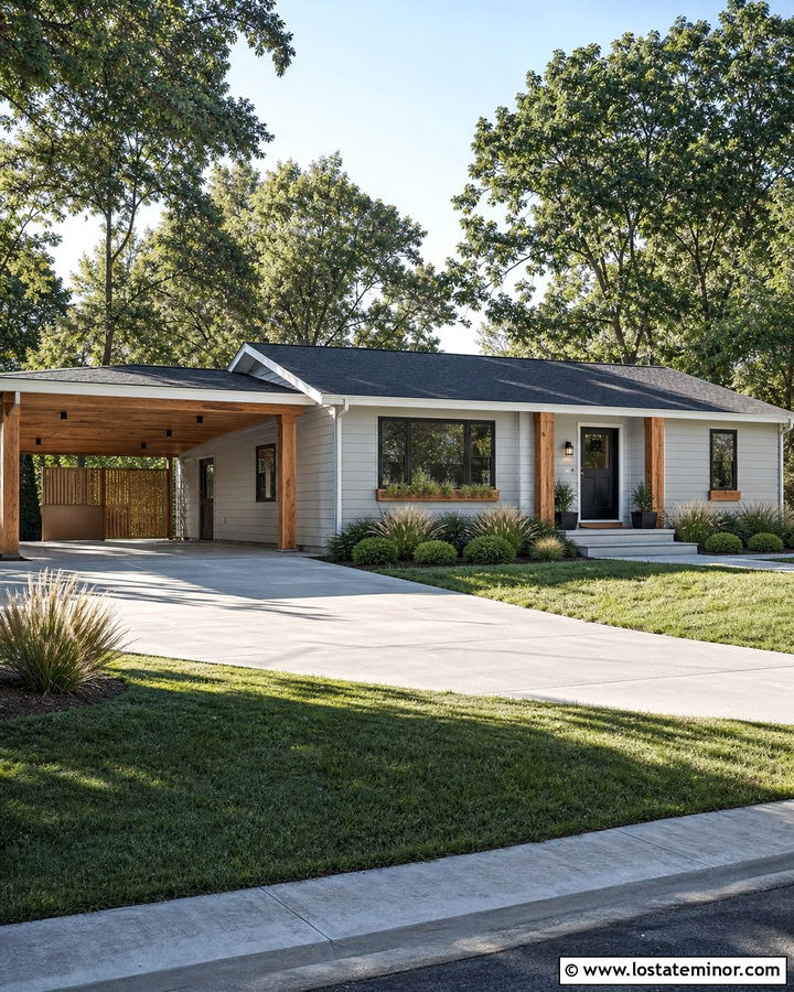 Light Gray Ranch House With Cedar Carport - 30 Light Grey House Design With Carport Ideas