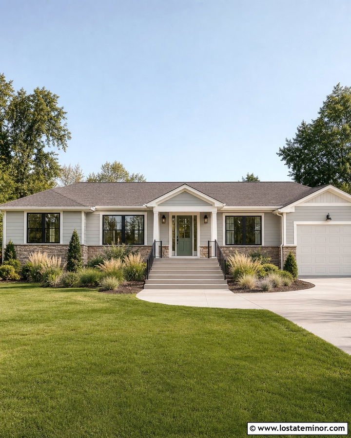 Light Gray Ranch House With Sage Door And Concrete Steps - 30 Light Grey House Design With Steps Ideas