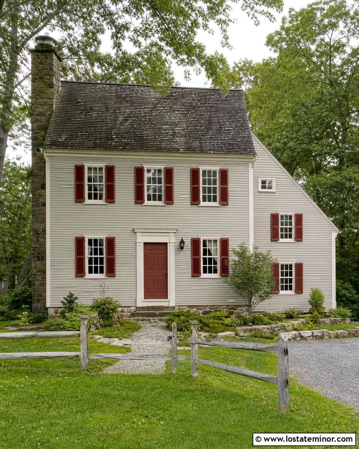 Light Gray Saltbox House With Red Shutters - 30 Light Grey House Design With Shutters Ideas