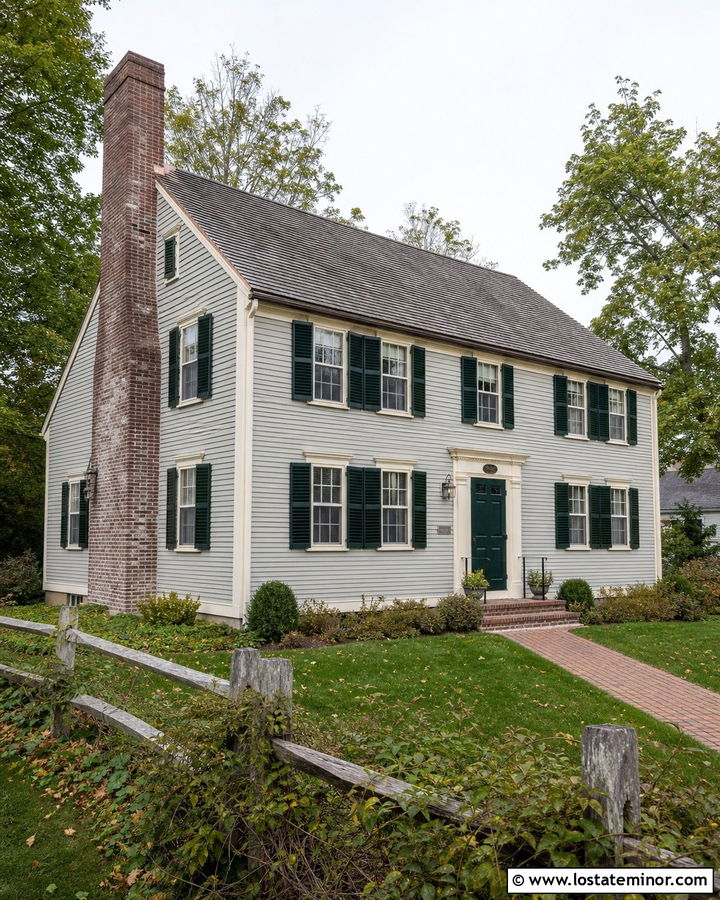 Light Gray Saltbox House With Weathered Brick Chimney - 30 Light Grey House Design With Chimney Ideas