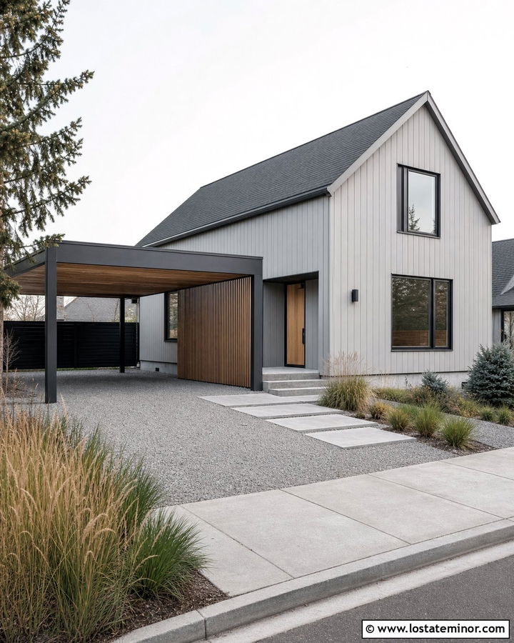Light Gray Scandinavian House With Carport - 30 Light Grey House Design With Carport Ideas