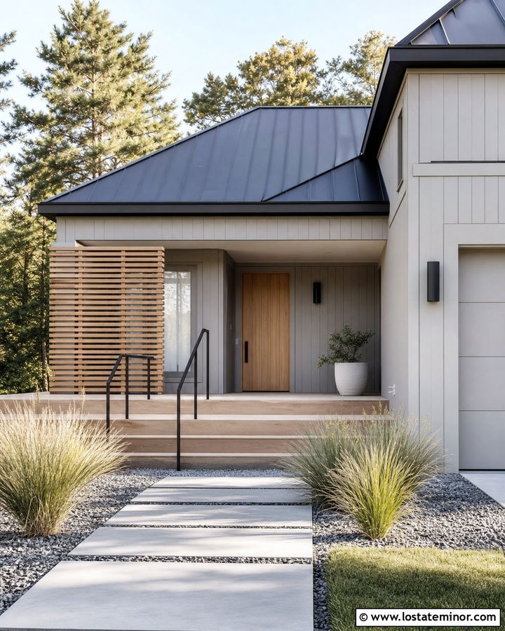 Light Gray Scandinavian House With Pale Wood Steps - 30 Light Grey House Design With Steps Ideas