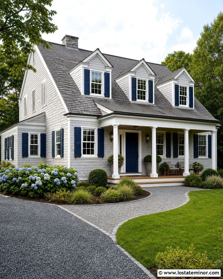 Light Gray Shake House With Blue Shutters - 30 Light Grey House Design With Shutters Ideas