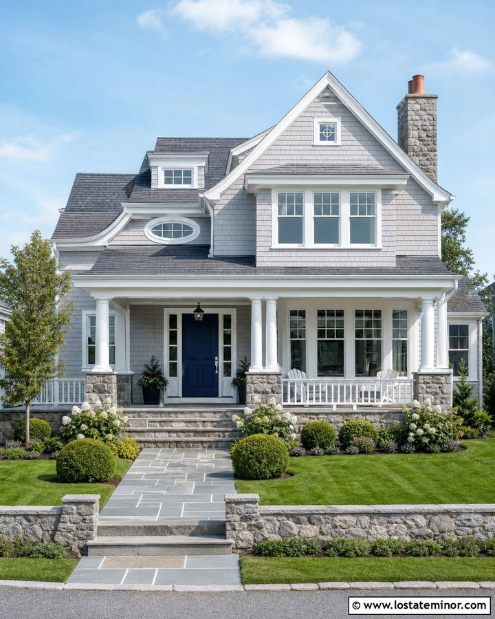 Light Gray Shingle House With Granite Chimney - 30 Light Grey House Design With Chimney Ideas