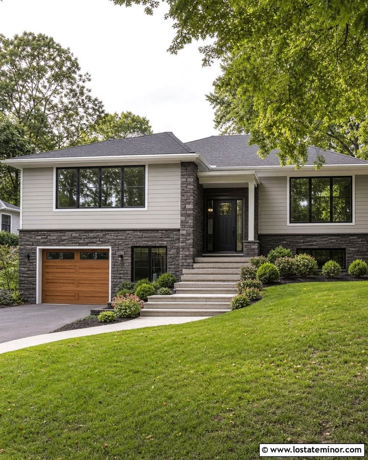 Light Gray Siding And Dark Stone House - 30 Stone House Design With Siding Ideas