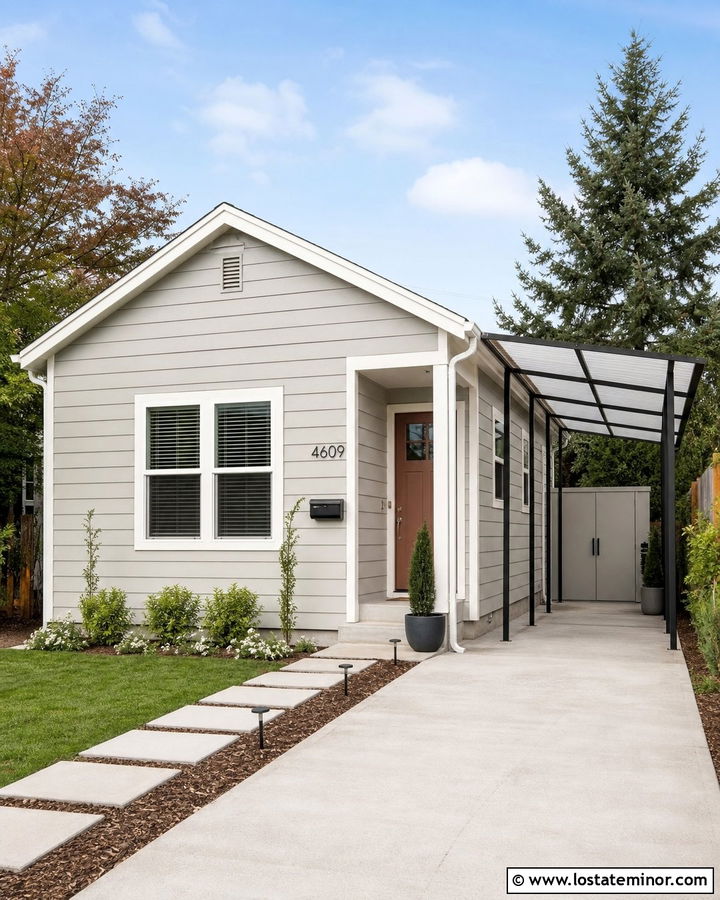 Light Gray Small House With Single Carport - 30 Light Grey House Design With Carport Ideas