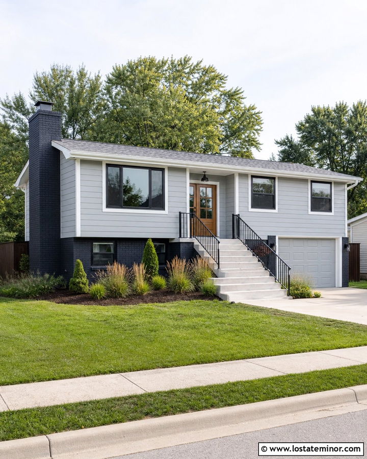Light Gray Split Level House With Charcoal Brick Chimney - 30 Light Grey House Design With Chimney Ideas