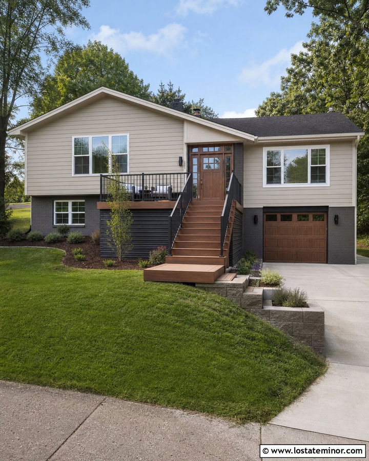 Light Gray Split Level House With Deck - 30 Light Grey House Design With Deck Ideas