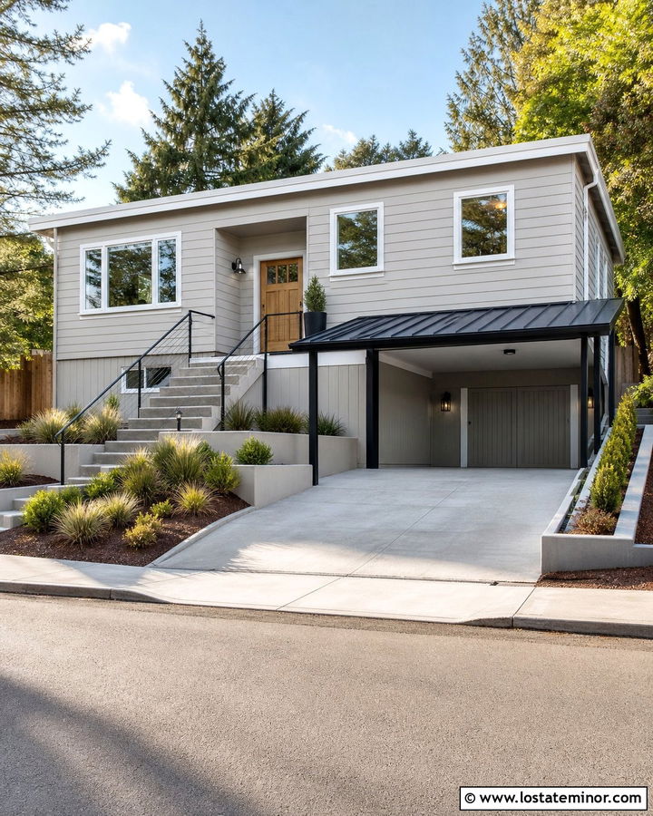Light Gray Split Level House With Lean To Carport - 30 Light Grey House Design With Carport Ideas