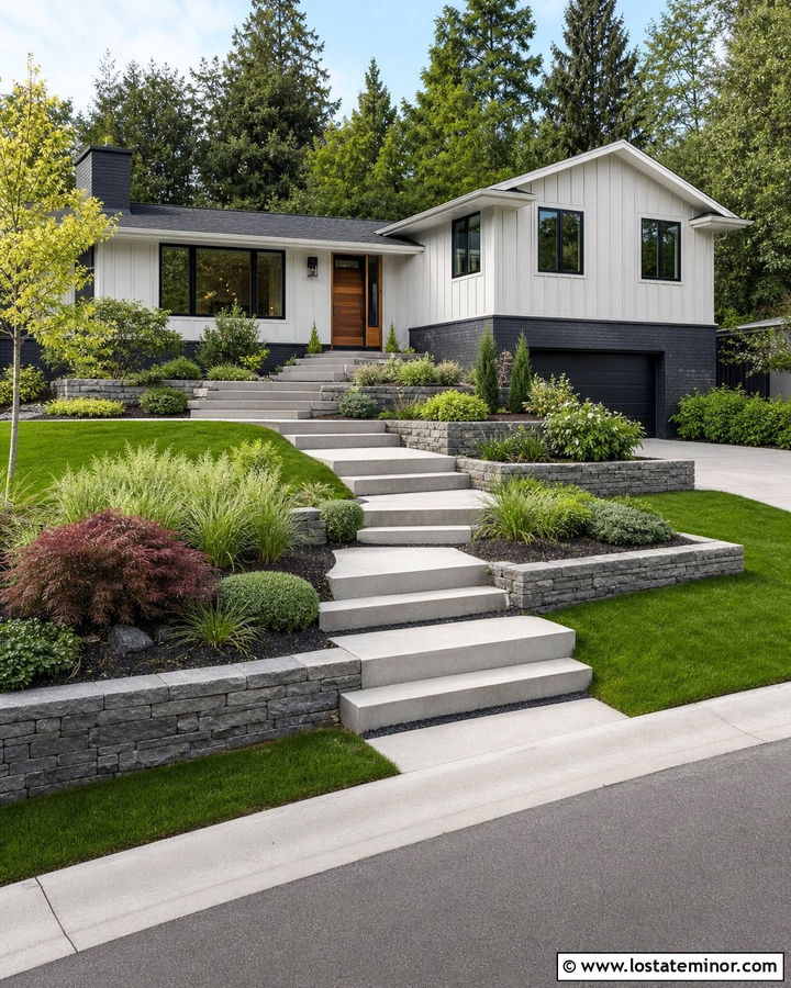 Light Gray Split Level House With Terraced Front Steps - 30 Light Grey House Design With Steps Ideas