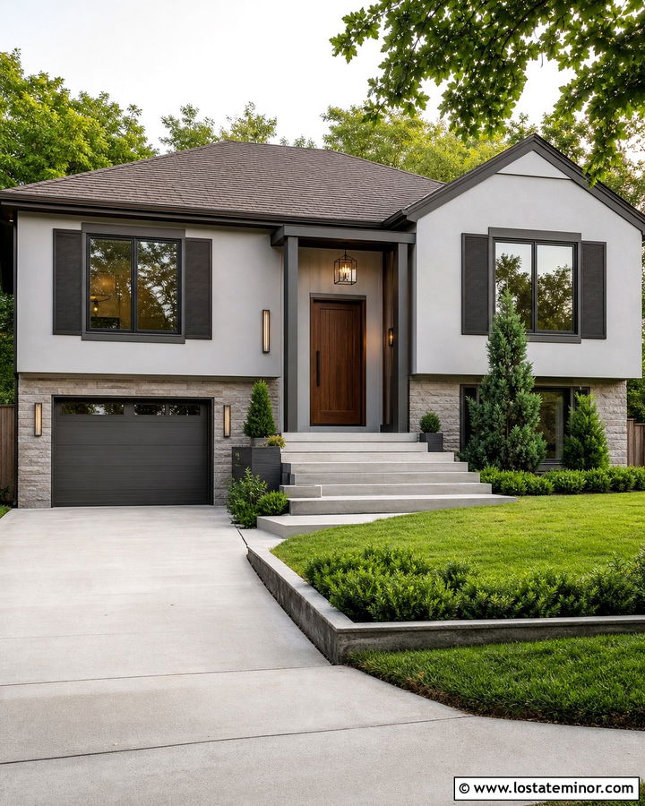 Light Gray Split Level With Bronze Shutters - 30 Light Grey House Design With Shutters Ideas