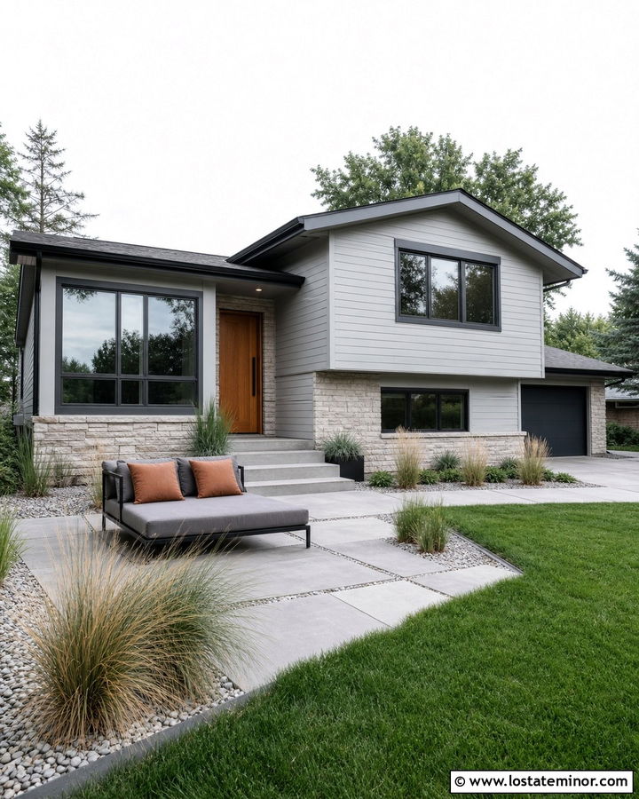 Light Gray Split Level With Modern Patio Daybed - 30 Light Grey House Design With Daybed Ideas
