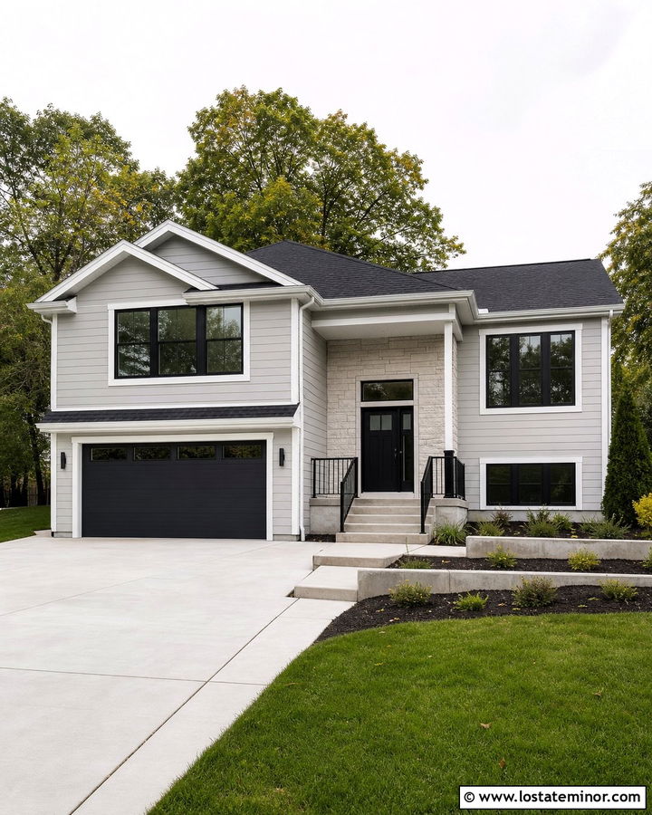 Light Gray Split Level With White And Black Trim - 30 Light Grey House Design With Trim Ideas