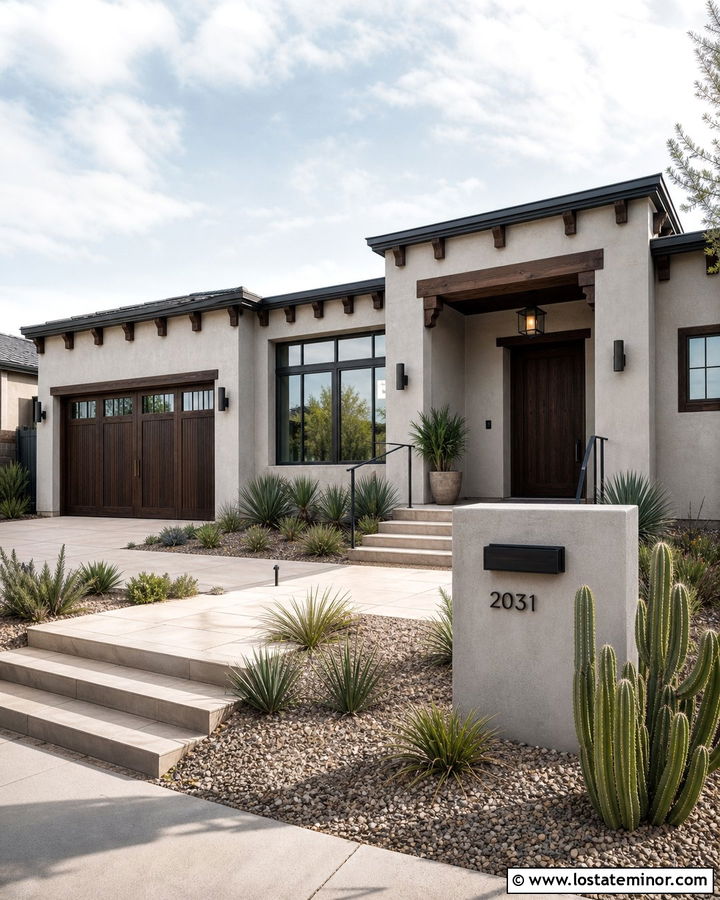Light Gray Stucco House With Dark Wood Trim - 30 Light Grey House Design With Trim Ideas