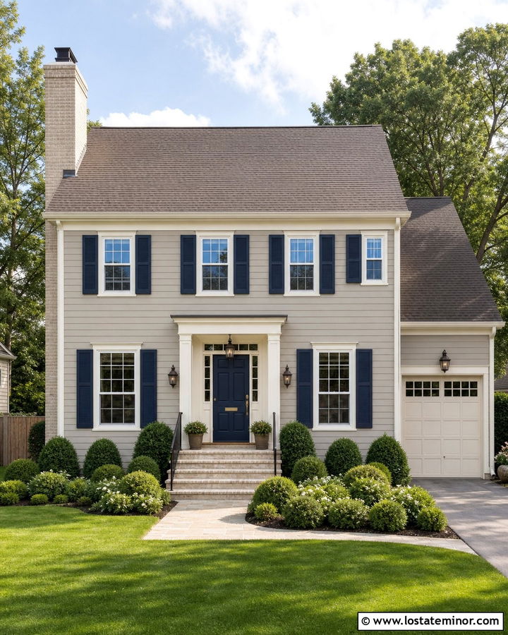 Light Gray Traditional House With Cream Brick Chimney - 30 Light Grey House Design With Chimney Ideas