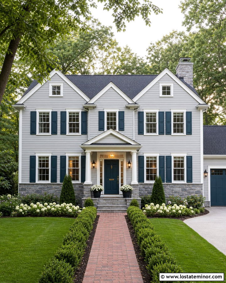 Light Gray Traditional House With Teal Shutters - 30 Light Grey House Design With Shutters Ideas