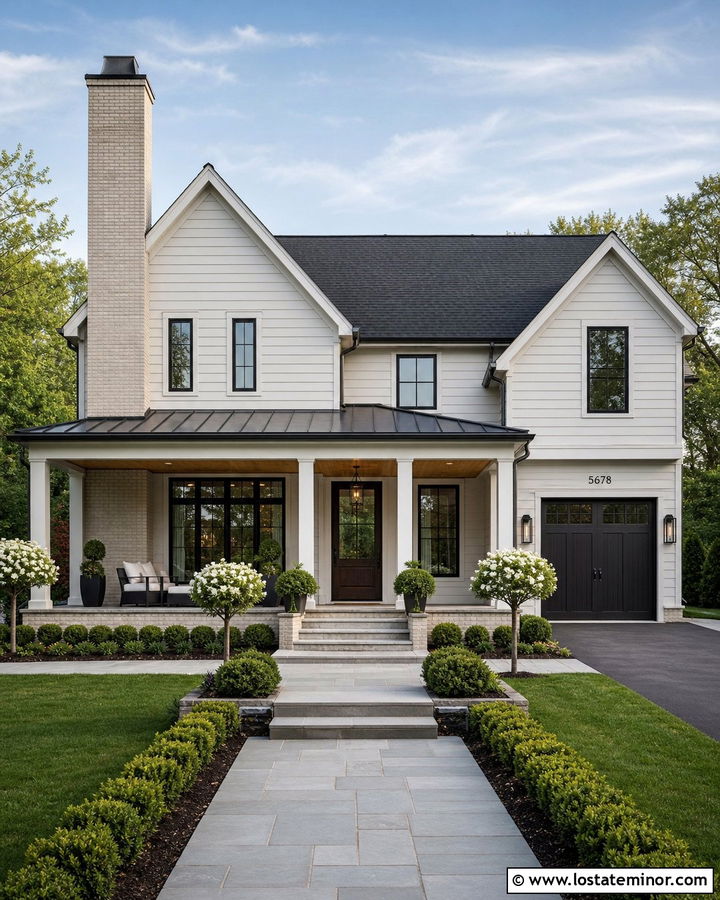 Light Gray Transitional House With Thin Brick Chimney - 30 Light Grey House Design With Chimney Ideas