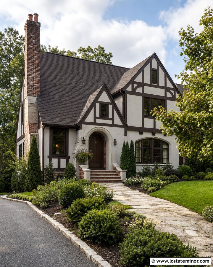 Light Gray Tudor House With Brick And Stone Steps - 30 Light Grey House Design With Steps Ideas