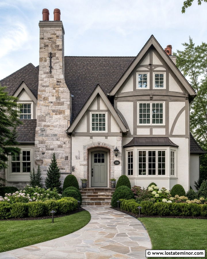 Light Gray Tudor House With Limestone Chimney - 30 Light Grey House Design With Chimney Ideas
