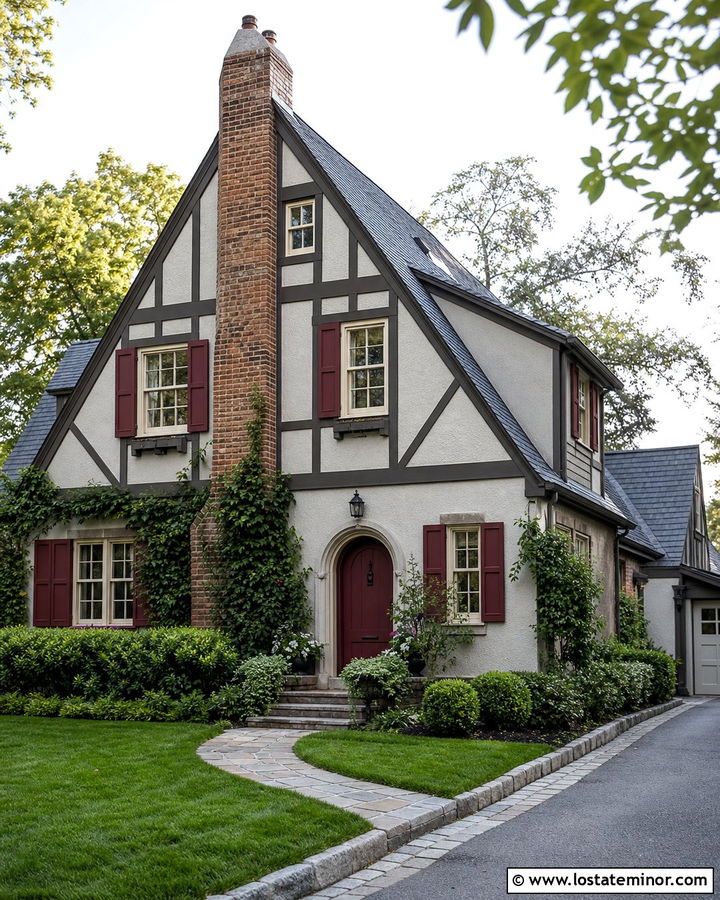 Light Gray Tudor With Burgundy Shutters - 30 Light Grey House Design With Shutters Ideas