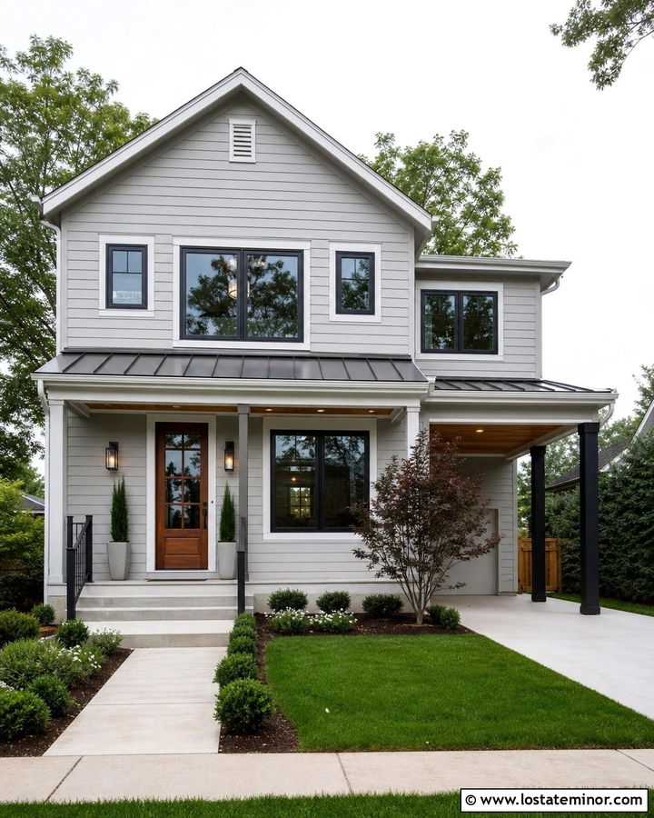 Light Gray Two Story House With Carport - 30 Light Grey House Design With Carport Ideas