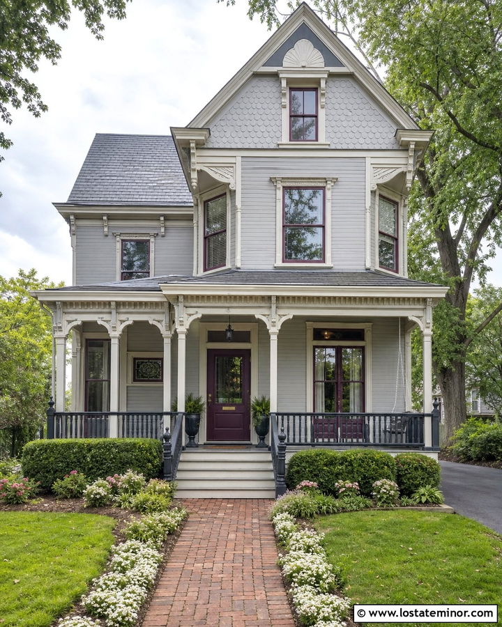 Light Gray Victorian House With Colorful Accents - 30 Light Grey House Design With Accents Ideas