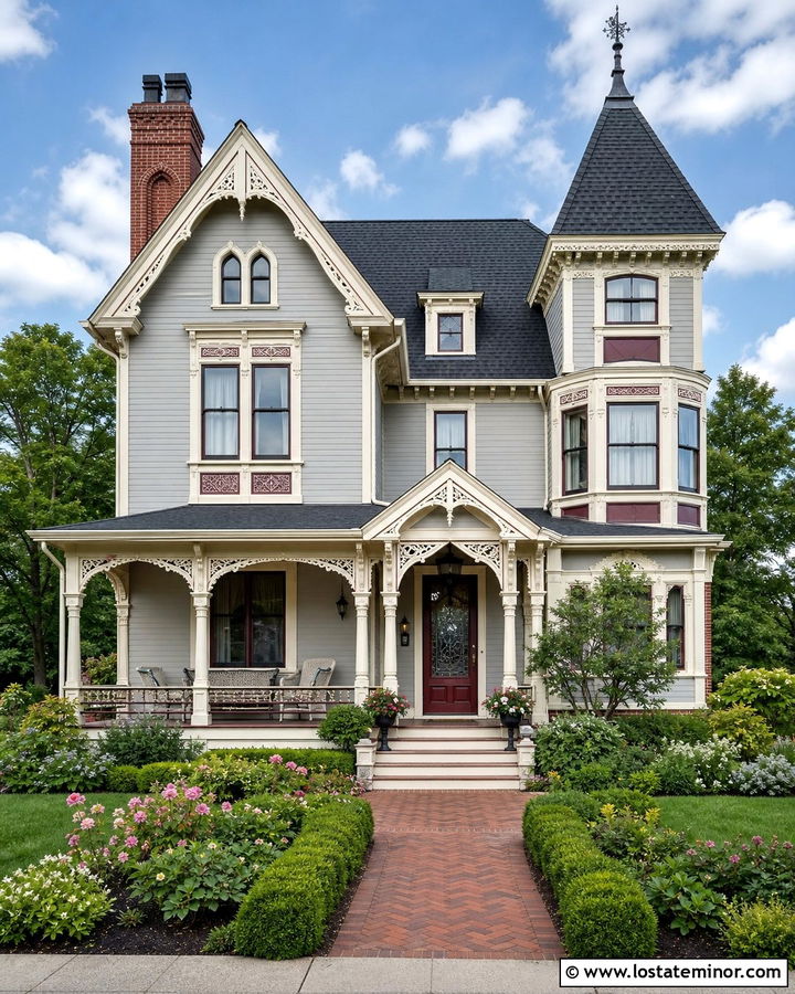 Light Gray Victorian House With Red Brick Chimney - 30 Light Grey House Design With Chimney Ideas