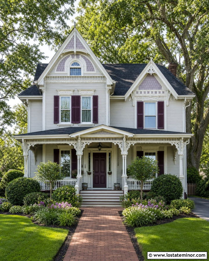Light Gray Victorian With Plum Shutters - 30 Light Grey House Design With Shutters Ideas