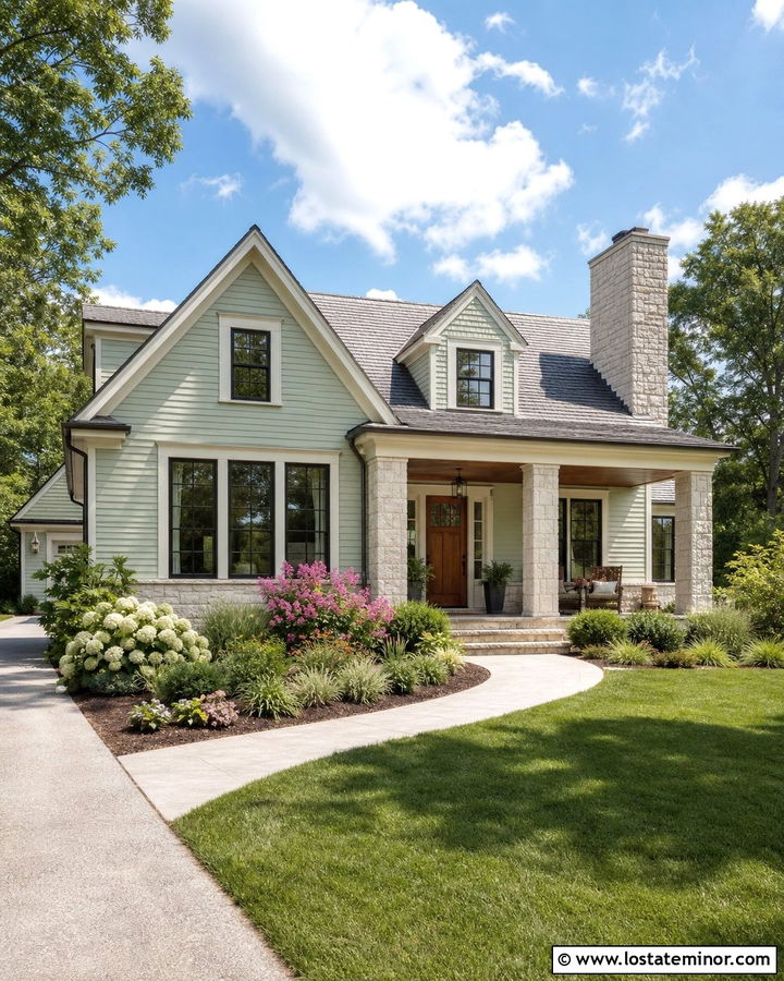 Light Green Board and Batten With Cream Limestone - 30 Stone House Design With Board and Batten Ideas