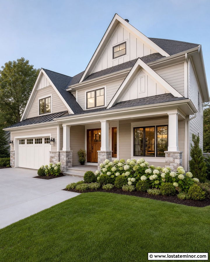 Light Greige Gable House With White Trim - 30 Greige House Design With Gables Ideas