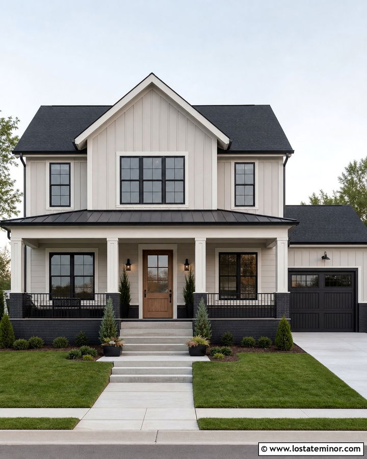 Light Greige House With Black Brick Wainscoting - 30 Greige House Design With Wainscoting Ideas
