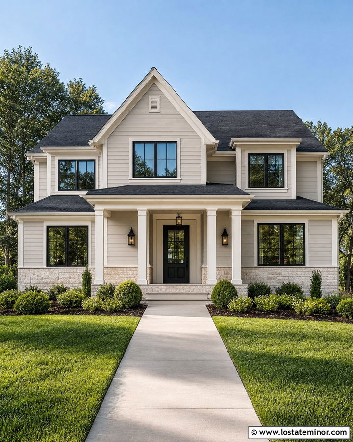 Light Greige House With Black Front Door - 30 Greige House Design With Front Door Ideas
